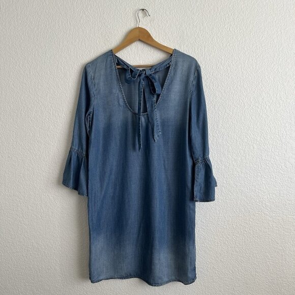 Cloth & Stone Small Blue Chambray Back Tie Bell Sleeve Denim Mini Shift Dress - Picture 2 of 9